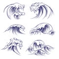 Sketch wave. Ocean sea waves splash. Hand drawn surfing storm wind water doodle vector collection