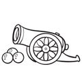 Sketch of weapons guns and cannonballs, coloring book, cartoon illustration, vector illustration