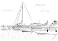 Sketch of white yachts in the port waiting. On the sea is calm.