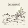 Sketch of a wilderness landscape. Vector desert silhouette with sand, cactus, stones and lizard.