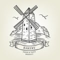 Sketch of windmill landscape. Vector illustration done in graphic style, isolated on background. Royalty Free Stock Photo