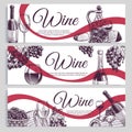 Sketch wine banners. Classic alcoholic drink bottles and wineglasses, grapes. Promotion winery and vineyard hand drawn Royalty Free Stock Photo