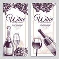 Sketch wine banners. Classical alcoholic drink bottle and wineglasses grapes flayers, invitation cards, promotion labels