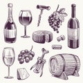 Sketch wine. Wine bottle and wineglasses, grape and cheese, wood barrel with organic alcohol drinks winery hand drawn Royalty Free Stock Photo