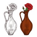 Sketch of wine jug with red roses vector illustration Royalty Free Stock Photo