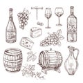 Sketch wine set. Grape, wine bottles and wineglass, barrel. Hand drawn vintage alcoholic beverages vector set Royalty Free Stock Photo