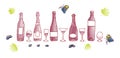 Sketch wine set. Grape, wine bottles and wineglass, barrel Royalty Free Stock Photo