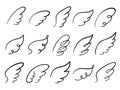 Sketch wings. Hand drawn wing, winged angel feather and wings spread cartoon doodle vector illustration icons set Royalty Free Stock Photo