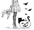 Sketch of Witch with wizard hat in hand in halloween costume, black cat and pumpkin. Black and white