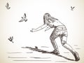 Sketch of woman from back and free flying doves, Hand drawn