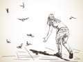 Sketch of woman from back and free flying doves, Hand drawn