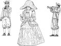 Sketch of woman in carnival costume and musicians in vintage suits playing trumpets