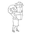 sketch, a woman carries a lot of boxes with gifts in her hand, isolated object on a white background, cartoon illustration, vector