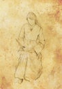 Sketch of woman in historical dress, writing quill pen. Old paper background. Royalty Free Stock Photo