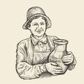 Sketch of woman with jug. Milkmaid vector hand drawn illustration