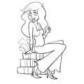 sketch, a woman with long hair sits on boxes with gifts, an isolated object on a white background, illustration cartoon, vector