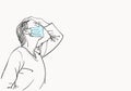 Sketch of woman in medical face mask has headache holding hand on her head closed eyes, coronavirus pandemic Royalty Free Stock Photo