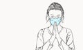 Sketch of woman in medical face mask praying with hands folded in worship, eyes closed, coronavirus pandemic problem suffering