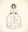 Sketch of woman with muff. Romantic lady in cloak. Hand drawn modern woman silhouette