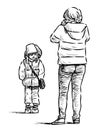 Sketch of woman photographing her little kid outdoors
