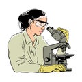 Sketch of woman scientist looking through microscope. Female laboratory assistant in protective glasses and rubber Royalty Free Stock Photo