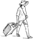 Sketch of woman vacationer in hat walking with her suitcase Royalty Free Stock Photo
