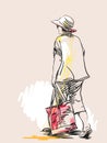 Sketch of woman walking with red bag, Hand drawn
