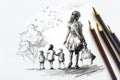 Sketch of a woman walking with two children pencils creative concept family outdoors leisure parenting art