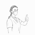 Sketch of woman wearing medical face mask showing thumb up Royalty Free Stock Photo