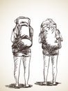 Sketch of women from back standing with backpack, Hand drawn