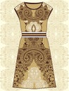 Sketch women's summer dress beige and brown colors fabric cotton, silk, jersey with oriental paisley pattern. Fashion design and