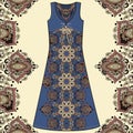 Sketch women's summer dress fabric cotton, silk, jersey with oriental paisley hand drawn floral geometric pattern.