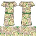 Sketch women's summer dress fabric cotton, silk, jersey with oriental paisley hand drawn floral geometric pattern.