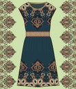 Sketch women's summer dress green and brown colors fabric cotton, silk, jersey with oriental paisley pattern. Fashion design and
