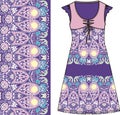Sketch women's summer dress purple and pink colors fabric cotton, silk, jersey with oriental paisley pattern. Fashion design and