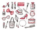 Sketch womens accessories. Handbag, hat and watch, mascara and glasses, bow and lipstick, nail polish and necklace