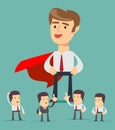 Sketch of working little people and big superhero. Royalty Free Stock Photo