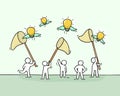 Sketch of working little people with flying lamp ideas. Royalty Free Stock Photo