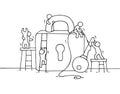 Sketch of working little people with lock, teamwork.