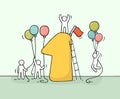 Sketch of working little people with number one, baloons. Royalty Free Stock Photo