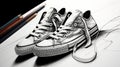 Sketch worn, cracked rubber sneakers with untied laces on a white background. Pencils are lying nearby. Black and white.