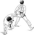 Sketch of wrestling coach and his pupil in training combat