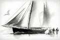 sketch of yacht with crew setting sail, ready for the voyage