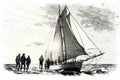 sketch of yacht with crew setting sail, ready for the voyage