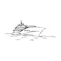 Sketch yacht, pleasure boat floating on the sea waves vector illustration, black and white hand-drawn vector drawing Royalty Free Stock Photo