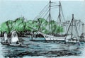 Sketch of a yacht on the river on blue paper