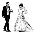 Sketch of young bride and groom at marriage ceremony
