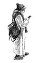 Sketch of young city woman standing outdoor and looking at smartphone