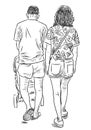 Sketch of young couple with baby stroller going for a walk on summer day