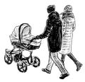 Sketch of young family casual townspeople with baby stroller walking outdoors together on winter day